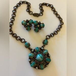 Vtg Mid Century Modern faux Turquoise Necklace Earrings Jewelry Set Green